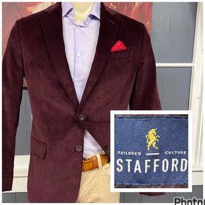 Stafford Corduroy Blazer Jacket Sport Coat Mens 42R Slim Fit Stretch Burgundy
